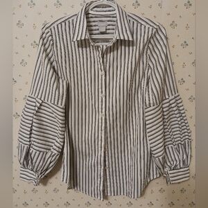 CHICO'S womans white/black cotton blend lattern sleeves button down shirt Size 6